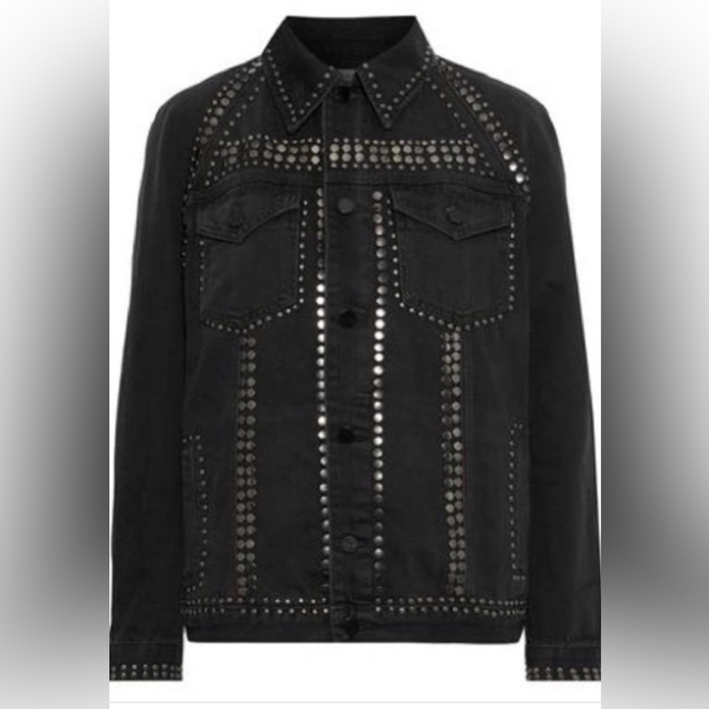 Frame Denim Black Studded Jean Trucker Jacket